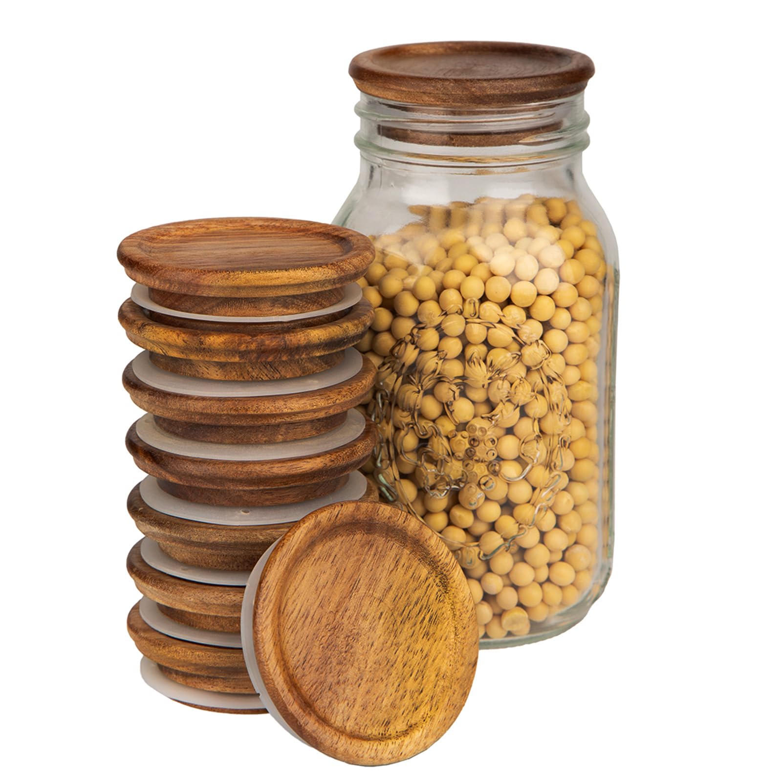 8 Pack Regular Mouth Mason Jar Lids Reusable Canning Lids with Wooden and Silicone Seals - Perfect for Canning and Preserving in Mason Jars Brown